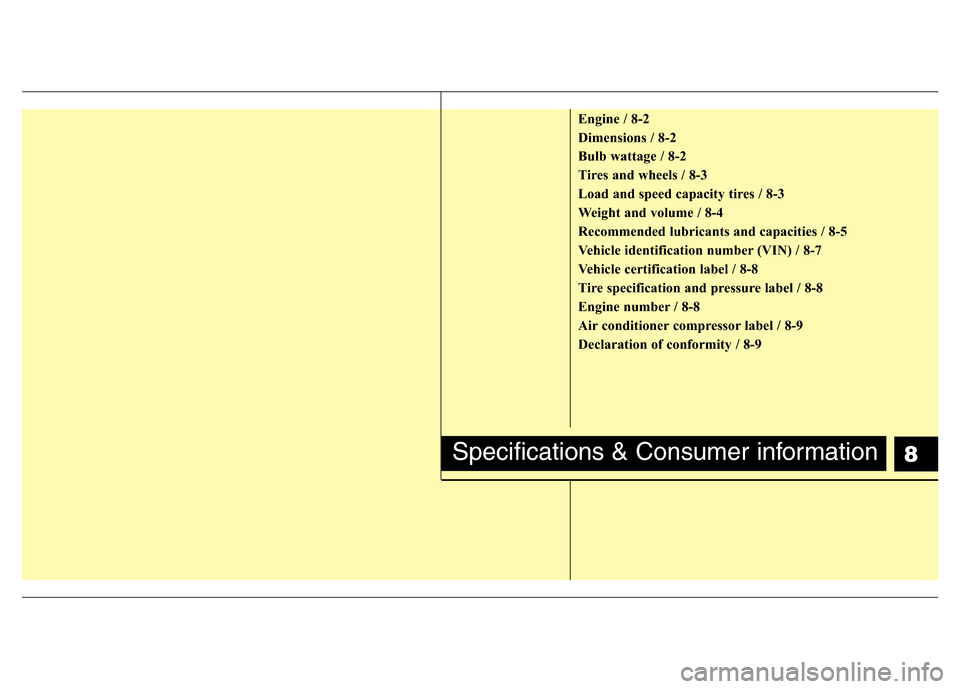 Hyundai Azera 2011 Owners Manual 8
Engine / 8-2
Dimensions / 8-2
Bulb wattage / 8-2
Tires and wheels / 8-3
Load and speed capacity tires / 8-3
Weight and volume / 8-4
Recommended lubricants and capacities / 8-5
Vehicle identification Hyundai Azera 2011 Owners Manual 8
Engine / 8-2
Dimensions / 8-2
Bulb wattage / 8-2
Tires and wheels / 8-3
Load and speed capacity tires / 8-3
Weight and volume / 8-4
Recommended lubricants and capacities / 8-5
Vehicle identification