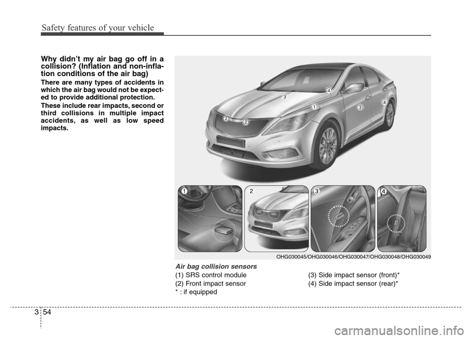 Hyundai Azera 2011 Repair Manual Safety features of your vehicle
54 3
Why didn’t my air bag go off in a
collision? (Inflation and non-infla-
tion conditions of the air bag)
There are many types of accidents in
which the air bag wou Hyundai Azera 2011 Repair Manual Safety features of your vehicle
54 3
Why didn’t my air bag go off in a
collision? (Inflation and non-infla-
tion conditions of the air bag)
There are many types of accidents in
which the air bag wou