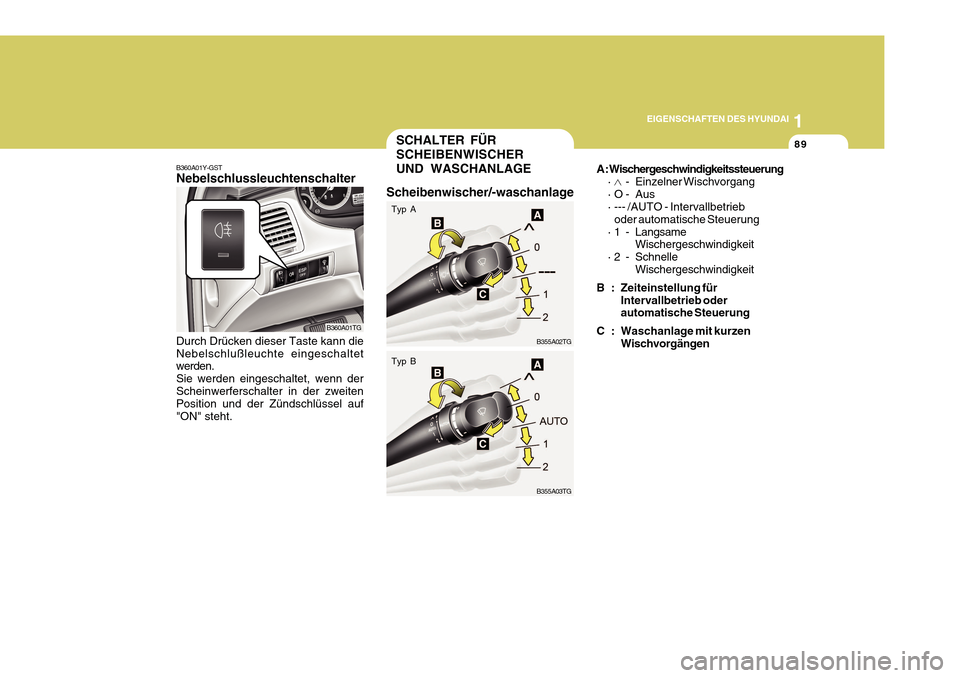 Hyundai Azera 2011 Betriebsanleitung (in German) 1
EIGENSCHAFTEN DES HYUNDAI
89
B360A01Y-GST Nebelschlussleuchtenschalter Durch Drücken dieser Taste kann die Nebelschlußleuchte eingeschaltet werden. Sie werden eingeschaltet, wenn derScheinwerfersc Hyundai Azera 2011 Betriebsanleitung (in German) 1
EIGENSCHAFTEN DES HYUNDAI
89
B360A01Y-GST Nebelschlussleuchtenschalter Durch Drücken dieser Taste kann die Nebelschlußleuchte eingeschaltet werden. Sie werden eingeschaltet, wenn derScheinwerfersc