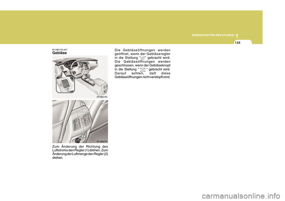 Hyundai Azera 2011 Betriebsanleitung (in German) 1
EIGENSCHAFTEN DES HYUNDAI
133
B710B01TG-AST Gebläse
B710B01TG
Zum Änderung der Richtung des Luftstroms den Regler (1) drehen. Zum Änderung der Luftmenge den Regler (2)drehen.
B710B02TG Die Geblä Hyundai Azera 2011 Betriebsanleitung (in German) 1
EIGENSCHAFTEN DES HYUNDAI
133
B710B01TG-AST Gebläse
B710B01TG
Zum Änderung der Richtung des Luftstroms den Regler (1) drehen. Zum Änderung der Luftmenge den Regler (2)drehen.
B710B02TG Die Geblä