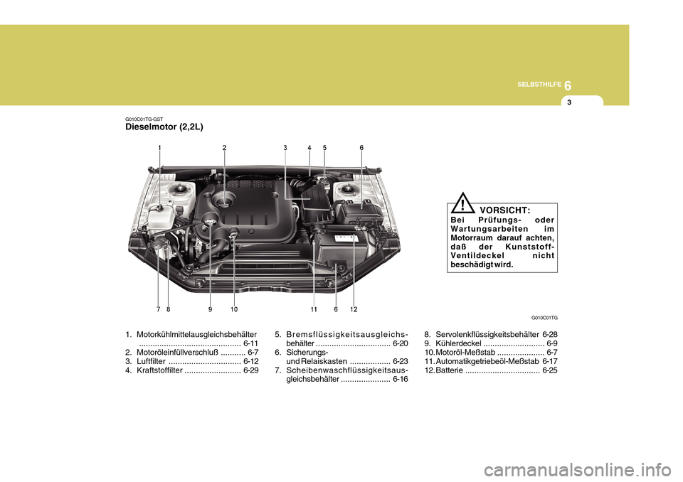 Hyundai Azera 2011 Betriebsanleitung (in German) 6
SELBSTHILFE
3
G010C01TG
G010C01TG-GST Dieselmotor (2,2L)
5. Bremsflüssigkeitsausgleichs-behälter ................................. 6-20
6. Sicherungs-
und Relaiskasten ..................6-23
7. Sc Hyundai Azera 2011 Betriebsanleitung (in German) 6
SELBSTHILFE
3
G010C01TG
G010C01TG-GST Dieselmotor (2,2L)
5. Bremsflüssigkeitsausgleichs-behälter ................................. 6-20
6. Sicherungs-
und Relaiskasten ..................6-23
7. Sc