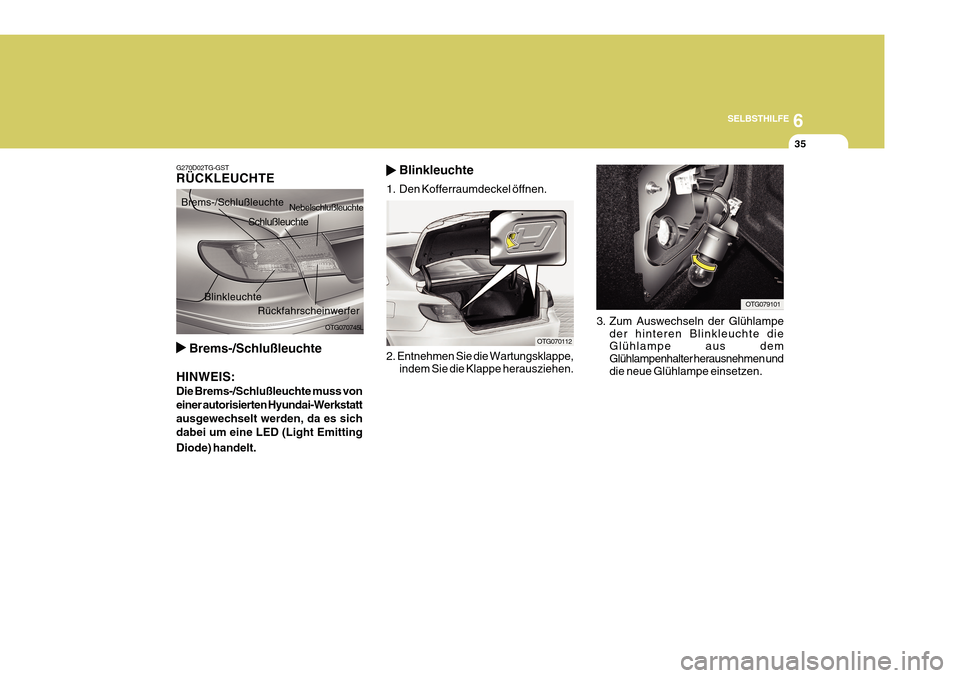 Hyundai Azera 2011 Betriebsanleitung (in German) 6
SELBSTHILFE
35
3. Zum Auswechseln der Glühlampe der hinteren Blinkleuchte die Glühlampe aus dem Glühlampenhalter herausnehmen und die neue Glühlampe einsetzen.
OTG079101
2. Entnehmen Sie die War Hyundai Azera 2011 Betriebsanleitung (in German) 6
SELBSTHILFE
35
3. Zum Auswechseln der Glühlampe der hinteren Blinkleuchte die Glühlampe aus dem Glühlampenhalter herausnehmen und die neue Glühlampe einsetzen.
OTG079101
2. Entnehmen Sie die War