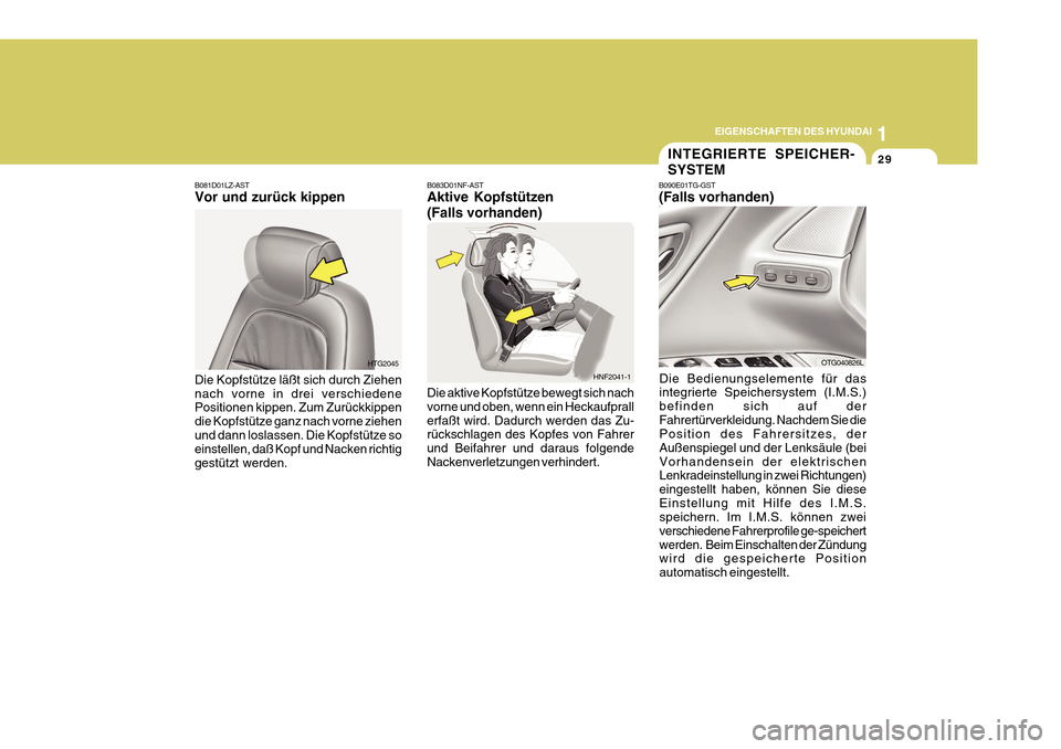 Hyundai Azera 2011 Betriebsanleitung (in German) 1
EIGENSCHAFTEN DES HYUNDAI
29INTEGRIERTE SPEICHER- SYSTEM
B090E01TG-GST (Falls vorhanden)
Die Bedienungselemente für das integrierte Speichersystem (I.M.S.) befinden sich auf der
Fahrertürverkleidu Hyundai Azera 2011 Betriebsanleitung (in German) 1
EIGENSCHAFTEN DES HYUNDAI
29INTEGRIERTE SPEICHER- SYSTEM
B090E01TG-GST (Falls vorhanden)
Die Bedienungselemente für das integrierte Speichersystem (I.M.S.) befinden sich auf der
Fahrertürverkleidu