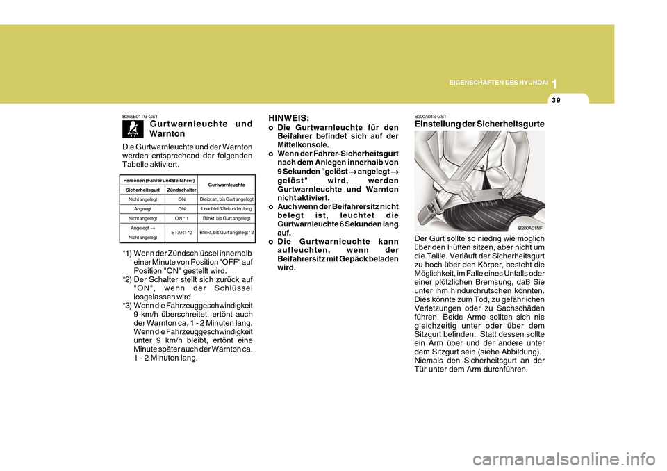 Hyundai Azera 2011 Betriebsanleitung (in German) 1
EIGENSCHAFTEN DES HYUNDAI
39
B200A01S-GST Einstellung der Sicherheitsgurte
Der Gurt sollte so niedrig wie möglich über den Hüften sitzen, aber nicht um die Taille. Verläuft der Sicherheitsgurt z Hyundai Azera 2011 Betriebsanleitung (in German) 1
EIGENSCHAFTEN DES HYUNDAI
39
B200A01S-GST Einstellung der Sicherheitsgurte
Der Gurt sollte so niedrig wie möglich über den Hüften sitzen, aber nicht um die Taille. Verläuft der Sicherheitsgurt z