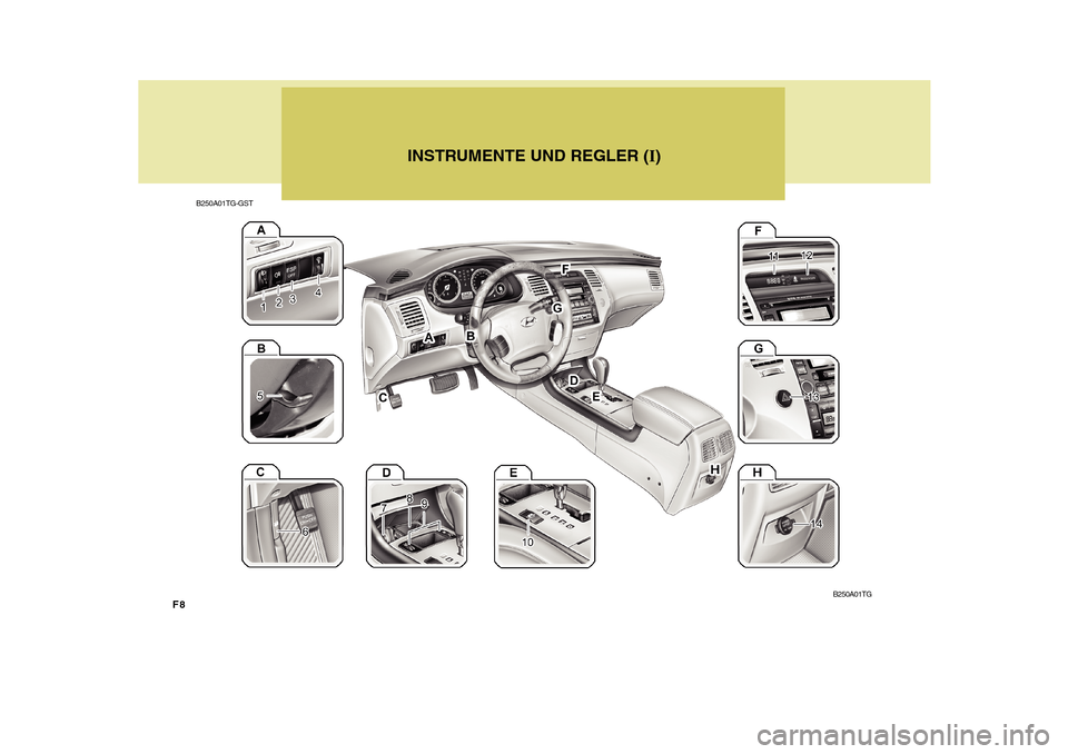 Hyundai Azera 2011 Betriebsanleitung (in German) F8
B250A01TG-GSTINSTRUMENTE UND REGLER (
I)
B250A01TG Hyundai Azera 2011 Betriebsanleitung (in German) F8
B250A01TG-GSTINSTRUMENTE UND REGLER (
I)
B250A01TG