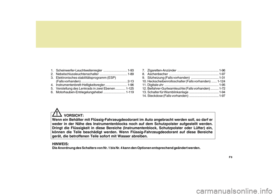 Hyundai Azera 2011  Betriebsanleitung (in German) F9
1. Scheinwerfer-Leuchtweitenregler
..........................1-93
2. Nebelschlussleuchtenschalter ..............................1-89
3. Elektronisches stabilitätsprogramm (ESP)
(Falls vorhanden) .