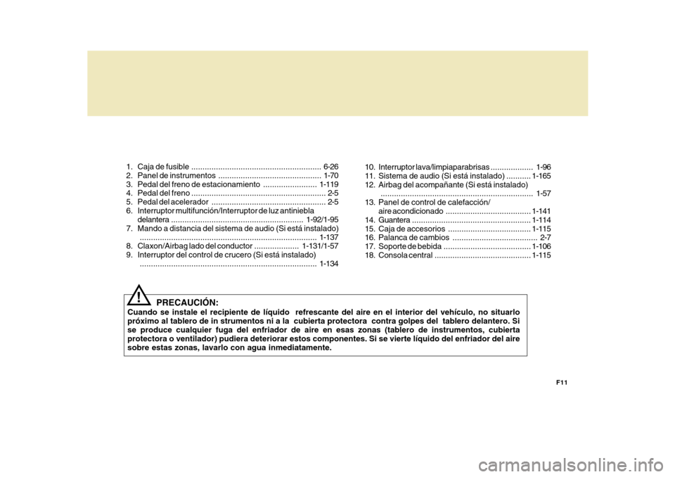 Hyundai Azera 2011 Manual del propietario (in Spanish) F11
1. Caja
de fusible .......................................................... 6-26
2. Panel de instrumentos ....... ....................................... 1-70
3. Pedal del freno de estacio Hyundai Azera 2011 Manual del propietario (in Spanish) F11
1. Caja
de fusible .......................................................... 6-26
2. Panel de instrumentos ....... ....................................... 1-70
3. Pedal del freno de estacio