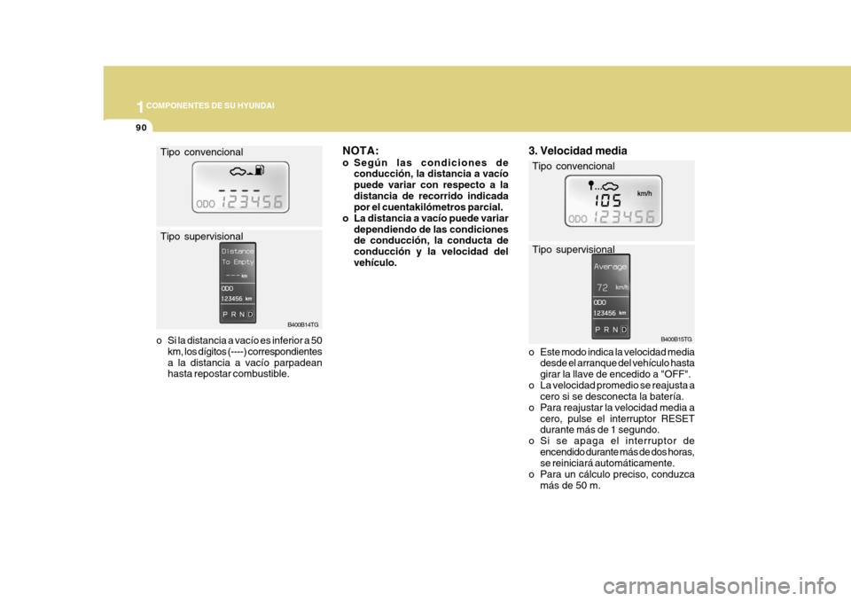 Hyundai Azera 2011 Manual del propietario (in Spanish) 1COMPONENTES DE SU HYUNDAI
90
B400B15TG
Tipo convencional Tipo supervisional
3. Velocidad media
o Este modo indica la velocidad media
desde el arranque del vehículo hasta girar la llave de encedid Hyundai Azera 2011 Manual del propietario (in Spanish) 1COMPONENTES DE SU HYUNDAI
90
B400B15TG
Tipo convencional Tipo supervisional
3. Velocidad media
o Este modo indica la velocidad media
desde el arranque del vehículo hasta girar la llave de encedid