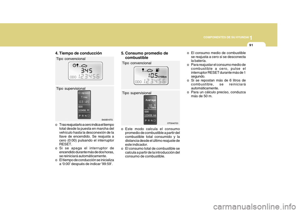 Hyundai Azera 2011 Manual del propietario (in Spanish) 1
COMPONENTES DE SU HYUNDAI
91
OTG040720
Tipo convencional Tipo supervisional
o Este modo calcula el consumo promedio de combustible a partir del combustible total consumido y ladistancia desde el Hyundai Azera 2011 Manual del propietario (in Spanish) 1
COMPONENTES DE SU HYUNDAI
91
OTG040720
Tipo convencional Tipo supervisional
o Este modo calcula el consumo promedio de combustible a partir del combustible total consumido y ladistancia desde el
