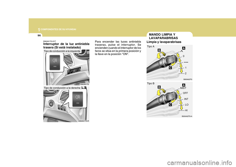 Hyundai Azera 2011 Manual del propietario (in Spanish) 1COMPONENTES DE SU HYUNDAI
96
B360A01TG
B360A01TG-GYT Interruptor de la luz antiniebla trasera (Si está instalado)
B360A01TG-R
Tipo de conducción a la izquierda
Tipo de conducción a la derecha
Para Hyundai Azera 2011 Manual del propietario (in Spanish) 1COMPONENTES DE SU HYUNDAI
96
B360A01TG
B360A01TG-GYT Interruptor de la luz antiniebla trasera (Si está instalado)
B360A01TG-R
Tipo de conducción a la izquierda
Tipo de conducción a la derecha
Para