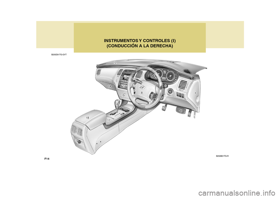 Hyundai Azera 2011 Manual del propietario (in Spanish) F14
INSTRUMENTOS Y CONTROLES (I)
(CONDUCCIÓN A LA DERECHA)
B250D01TG-GYT
B250B01TG-R Hyundai Azera 2011 Manual del propietario (in Spanish) F14
INSTRUMENTOS Y CONTROLES (I)
(CONDUCCIÓN A LA DERECHA)
B250D01TG-GYT
B250B01TG-R