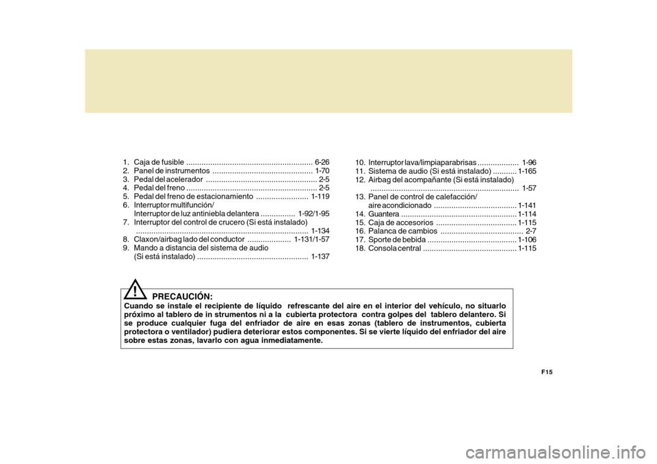 Hyundai Azera 2011 Manual del propietario (in Spanish) F15
1. Caja
de fusible .......................................................... 6-26
2. Panel de instrumentos .............................................. 1-70
3. Pedal del acelerador....... Hyundai Azera 2011 Manual del propietario (in Spanish) F15
1. Caja
de fusible .......................................................... 6-26
2. Panel de instrumentos .............................................. 1-70
3. Pedal del acelerador.......