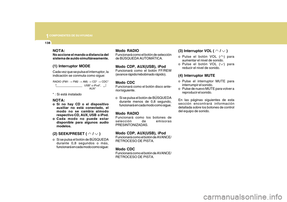Hyundai Azera 2011 Manual del propietario (in Spanish) 1COMPONENTES DE SU HYUNDAI
138
Modo RADIO Funcionará como el botón de selección de BÚSQUEDA AUTOMÁTICA. Modo CDP, AUX(USB), iPod Funcionará como el botón FF/REW (avance rápido/rebobinado rápi Hyundai Azera 2011 Manual del propietario (in Spanish) 1COMPONENTES DE SU HYUNDAI
138
Modo RADIO Funcionará como el botón de selección de BÚSQUEDA AUTOMÁTICA. Modo CDP, AUX(USB), iPod Funcionará como el botón FF/REW (avance rápido/rebobinado rápi