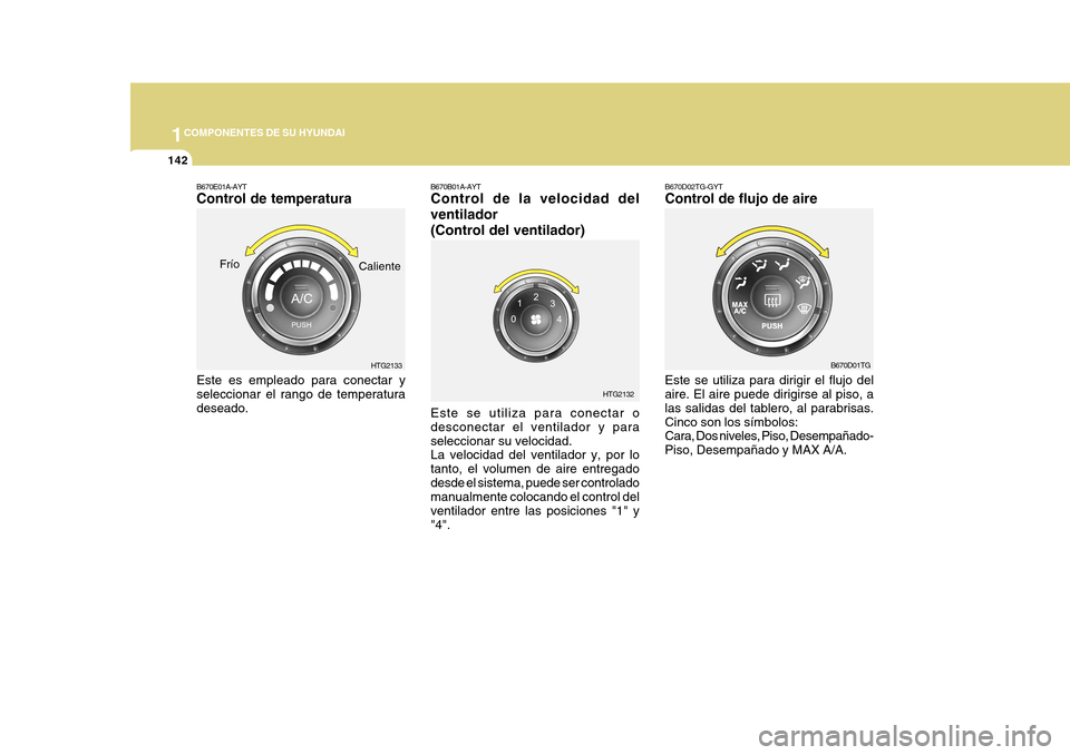 Hyundai Azera 2011 Manual del propietario (in Spanish) 1COMPONENTES DE SU HYUNDAI
142
B670D02TG-GYT Control de flujo de aire Este se utiliza para dirigir el flujo del aire. El aire puede dirigirse al piso, a las salidas del tablero, al parabrisas.Cinco so Hyundai Azera 2011 Manual del propietario (in Spanish) 1COMPONENTES DE SU HYUNDAI
142
B670D02TG-GYT Control de flujo de aire Este se utiliza para dirigir el flujo del aire. El aire puede dirigirse al piso, a las salidas del tablero, al parabrisas.Cinco so