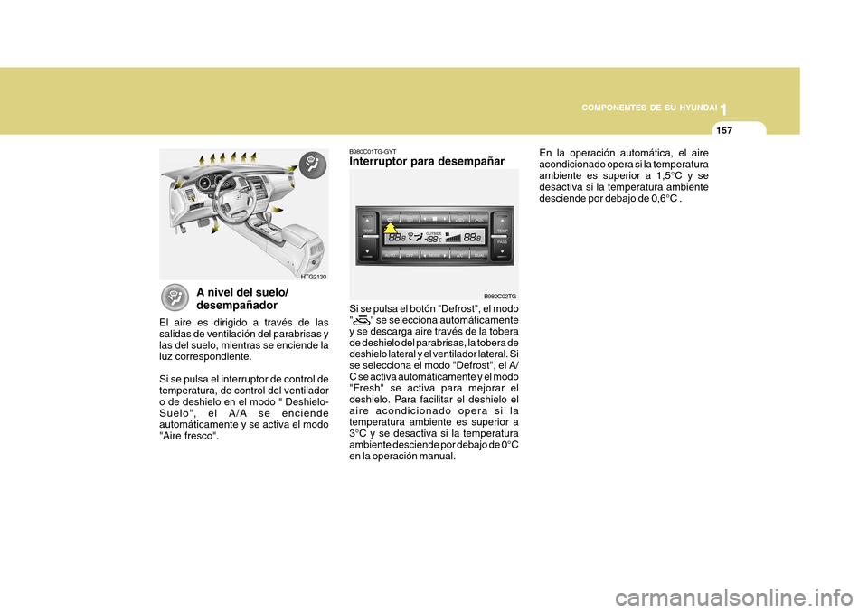 Hyundai Azera 2011 Manual del propietario (in Spanish) 1
COMPONENTES DE SU HYUNDAI
157157
B980C01TG-GYT Interruptor para desempañar Si se pulsa el botón "Defrost", el modo "
" se selecciona automáticamente
y se descarga aire través de la tobera de des Hyundai Azera 2011 Manual del propietario (in Spanish) 1
COMPONENTES DE SU HYUNDAI
157157
B980C01TG-GYT Interruptor para desempañar Si se pulsa el botón "Defrost", el modo "
" se selecciona automáticamente
y se descarga aire través de la tobera de des
