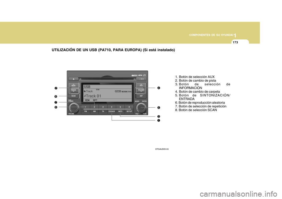 Hyundai Azera 2011 Manual del propietario (in Spanish) 1
COMPONENTES DE SU HYUNDAI
173
UTILIZACIÓN DE UN USB (PA710, PARA EUROPA) (Si está instalado)
1. Botón de selección AUX
2. Botón de cambio de pista
3. Botón de selección deINFORMACIÓN
4. Bot Hyundai Azera 2011 Manual del propietario (in Spanish) 1
COMPONENTES DE SU HYUNDAI
173
UTILIZACIÓN DE UN USB (PA710, PARA EUROPA) (Si está instalado)
1. Botón de selección AUX
2. Botón de cambio de pista
3. Botón de selección deINFORMACIÓN
4. Bot