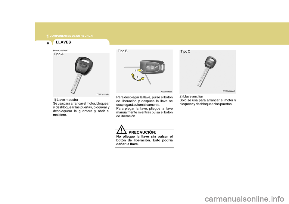Hyundai Azera 2011 Manual del propietario (in Spanish) 1COMPONENTES DE SU HYUNDAI
6LLAVES
B030A01NF-GAT
OTG040004B
Tipo A Tipo C
OVG049001
Para desplegar la llave, pulse el botón de liberación y después la llave se desplegará automáticamente. Para pl Hyundai Azera 2011 Manual del propietario (in Spanish) 1COMPONENTES DE SU HYUNDAI
6LLAVES
B030A01NF-GAT
OTG040004B
Tipo A Tipo C
OVG049001
Para desplegar la llave, pulse el botón de liberación y después la llave se desplegará automáticamente. Para pl
