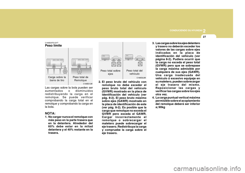 Hyundai Azera 2011 Manual del propietario (in Spanish) 2
CONDUCIENDO SU HYUNDAI
27
3. Las cargas sobre los ejes delantero y trasero no deberán exceder los valores de las cargas sobre ejes indicadas en la placa de identificación del vehículo (verpágin Hyundai Azera 2011 Manual del propietario (in Spanish) 2
CONDUCIENDO SU HYUNDAI
27
3. Las cargas sobre los ejes delantero y trasero no deberán exceder los valores de las cargas sobre ejes indicadas en la placa de identificación del vehículo (verpágin