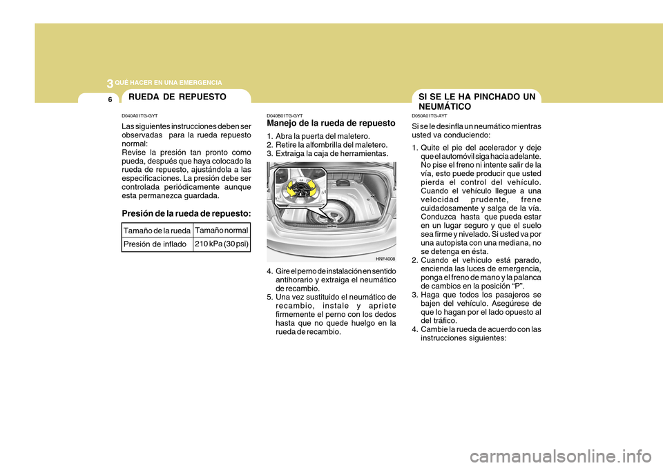 Hyundai Azera 2011 Manual del propietario (in Spanish) 3QUÉ HACER EN UNA EMERGENCIA
6SI SE LE HA PINCHADO UN NEUMÁTICO
D050A01TG-AYT Si se le desinfla un neumático mientras usted va conduciendo:
1. Quite el pie del acelerador y deje
que el automóvil Hyundai Azera 2011 Manual del propietario (in Spanish) 3QUÉ HACER EN UNA EMERGENCIA
6SI SE LE HA PINCHADO UN NEUMÁTICO
D050A01TG-AYT Si se le desinfla un neumático mientras usted va conduciendo:
1. Quite el pie del acelerador y deje
que el automóvil