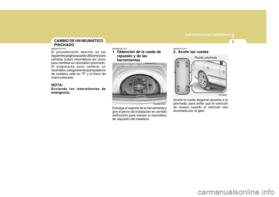 Hyundai Azera 2011 Manual del propietario (in Spanish) 3
QUÉ HACER EN UNA EMERGENCIA
7
Extraiga el soporte de la herramienta y gire el perno de instalación en sentidoantihorario para extraer el neumático de repuesto del maletero.
D060B01NF-AYT
1. Obte Hyundai Azera 2011 Manual del propietario (in Spanish) 3
QUÉ HACER EN UNA EMERGENCIA
7
Extraiga el soporte de la herramienta y gire el perno de instalación en sentidoantihorario para extraer el neumático de repuesto del maletero.
D060B01NF-AYT
1. Obte