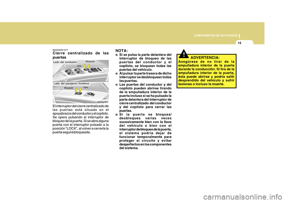 Hyundai Azera 2011 Manual del propietario (in Spanish) 1
COMPONENTES DE SU HYUNDAI
15
!ADVERTENCIA:
Asegúrese de no tirar de la empuñadura interior de la puerta durante la conducción: Si tira de la empuñadura interior de la puerta,ésta puede abrirse Hyundai Azera 2011 Manual del propietario (in Spanish) 1
COMPONENTES DE SU HYUNDAI
15
!ADVERTENCIA:
Asegúrese de no tirar de la empuñadura interior de la puerta durante la conducción: Si tira de la empuñadura interior de la puerta,ésta puede abrirse