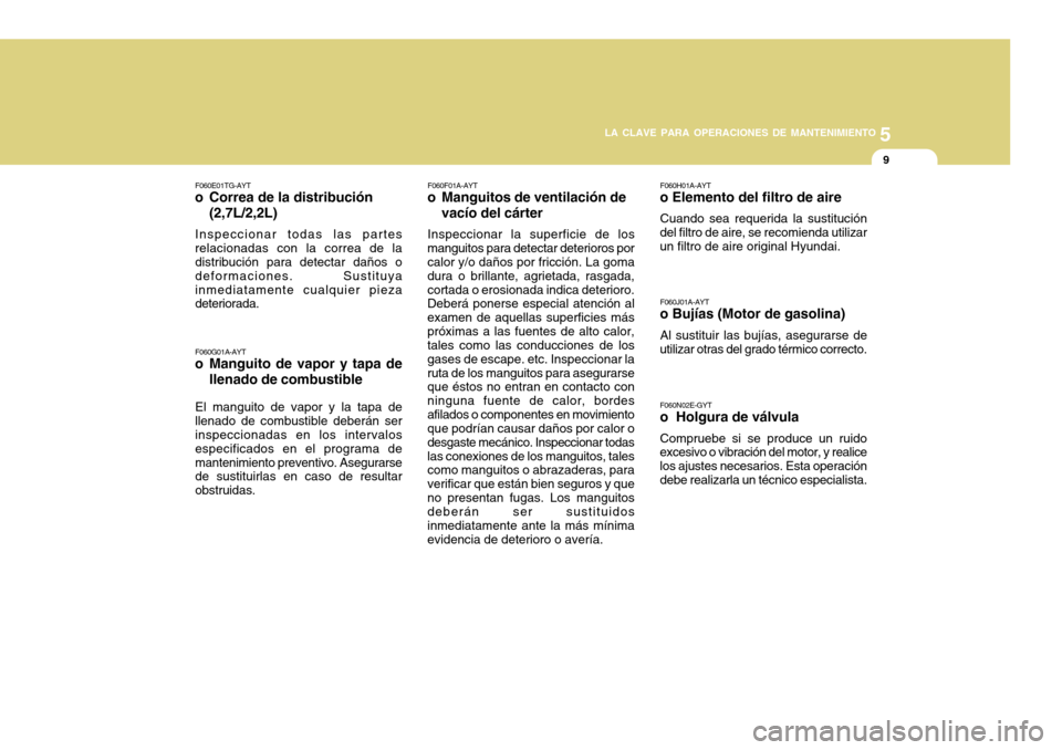 Hyundai Azera 2011 Manual del propietario (in Spanish) 5
LA CLAVE PARA OPERACIONES DE MANTENIMIENTO
9
F060H01A-AYT
o Elemento del filtro de aire
Cuando sea requerida la sustitución
del filtro de aire, se recomienda utilizar un filtro de aire original Hyu Hyundai Azera 2011 Manual del propietario (in Spanish) 5
LA CLAVE PARA OPERACIONES DE MANTENIMIENTO
9
F060H01A-AYT
o Elemento del filtro de aire
Cuando sea requerida la sustitución
del filtro de aire, se recomienda utilizar un filtro de aire original Hyu