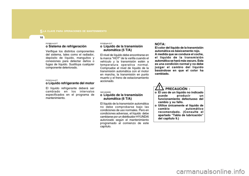 Hyundai Azera 2011 Manual del propietario (in Spanish) 5LA CLAVE PARA OPERACIONES DE MANTENIMIENTO
10
F070E04A-GYT
o Líquido de la transmisión
automática (5 T/A)
El nivel de líquido debe encontrarse en
la marca "HOT" de la varilla cuando el vehículo Hyundai Azera 2011 Manual del propietario (in Spanish) 5LA CLAVE PARA OPERACIONES DE MANTENIMIENTO
10
F070E04A-GYT
o Líquido de la transmisión
automática (5 T/A)
El nivel de líquido debe encontrarse en
la marca "HOT" de la varilla cuando el vehículo