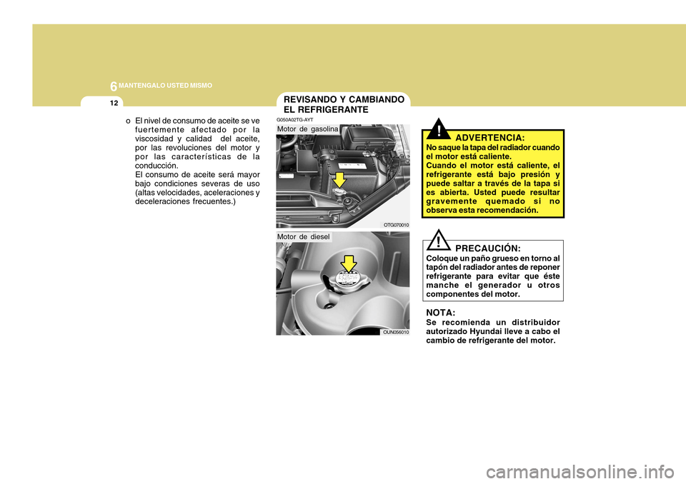 Hyundai Azera 2011 Manual del propietario (in Spanish) 6MANTENGALO USTED MISMO
12
!ADVERTENCIA:
No saque la tapa del radiador cuando el motor está caliente. Cuando el motor está caliente, el refrigerante está bajo presión y puede saltar a través de l Hyundai Azera 2011 Manual del propietario (in Spanish) 6MANTENGALO USTED MISMO
12
!ADVERTENCIA:
No saque la tapa del radiador cuando el motor está caliente. Cuando el motor está caliente, el refrigerante está bajo presión y puede saltar a través de l