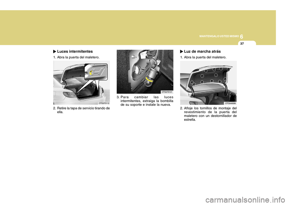 Hyundai Azera 2011 Manual del propietario (in Spanish) 6
MANTENGALO USTED MISMO
37
3. Para cambiar las luces intermitentes, extraiga la bombilla de su soporte e instale la nueva.
OTG079101
Luces intermitentes
1. Abra la puerta del maletero.
2. Retire la t Hyundai Azera 2011 Manual del propietario (in Spanish) 6
MANTENGALO USTED MISMO
37
3. Para cambiar las luces intermitentes, extraiga la bombilla de su soporte e instale la nueva.
OTG079101
Luces intermitentes
1. Abra la puerta del maletero.
2. Retire la t