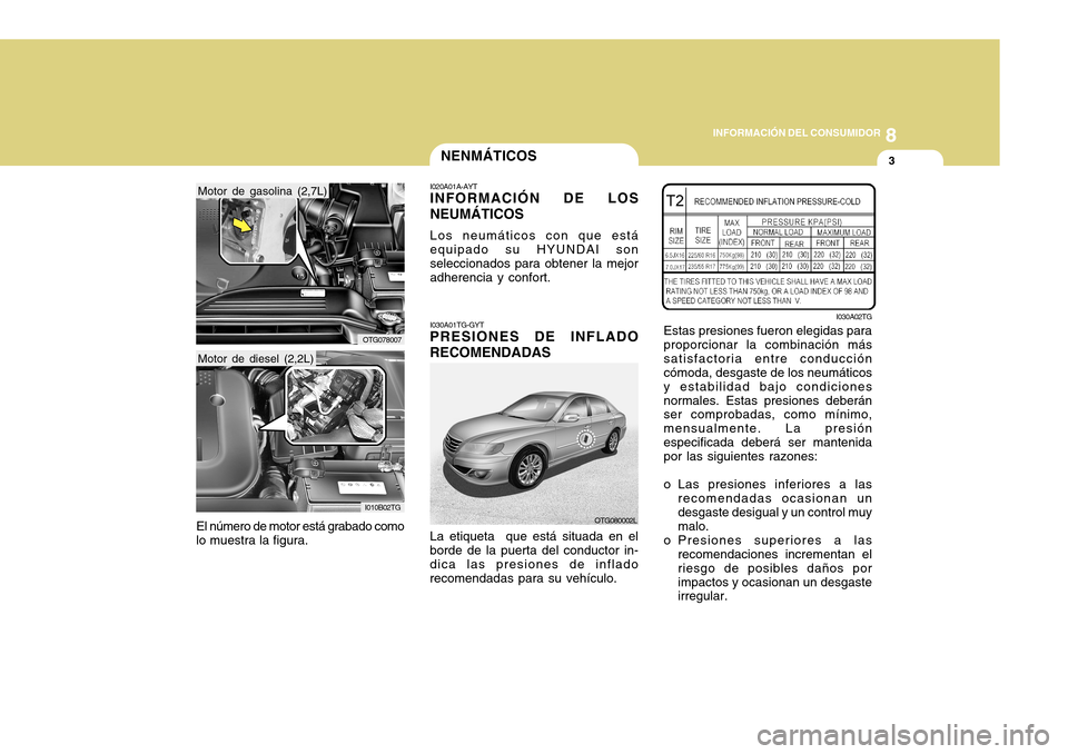 Hyundai Azera 2011 Manual del propietario (in Spanish) 8
INFORMACIÓN DEL CONSUMIDOR
3NENMÁTICOS
El número de motor está grabado como
lo muestra la figura. I020A01A-AYT INFORMACIÓN DE LOS NEUMÁTICOS Los neumáticos con que está equipado su HYUNDAI s Hyundai Azera 2011 Manual del propietario (in Spanish) 8
INFORMACIÓN DEL CONSUMIDOR
3NENMÁTICOS
El número de motor está grabado como
lo muestra la figura. I020A01A-AYT INFORMACIÓN DE LOS NEUMÁTICOS Los neumáticos con que está equipado su HYUNDAI s