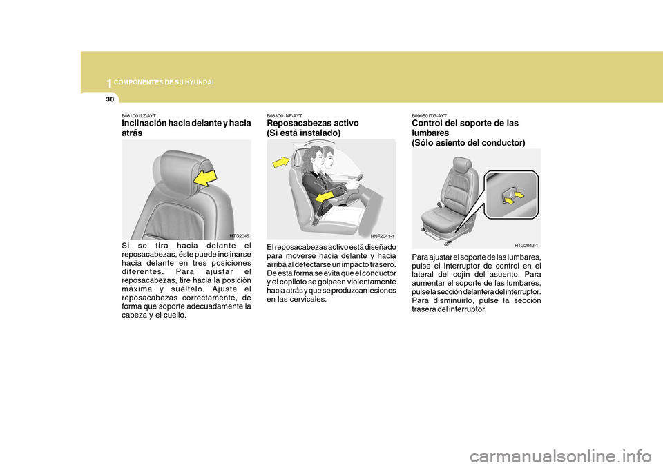 Hyundai Azera 2011 Manual del propietario (in Spanish) 1COMPONENTES DE SU HYUNDAI
30
B090E01TG-AYT Control del soporte de las lumbares
(Sólo a
siento del conductor)
Para ajustar el soporte de las lumbares, pulse el interruptor de control en el lateral de Hyundai Azera 2011 Manual del propietario (in Spanish) 1COMPONENTES DE SU HYUNDAI
30
B090E01TG-AYT Control del soporte de las lumbares
(Sólo a
siento del conductor)
Para ajustar el soporte de las lumbares, pulse el interruptor de control en el lateral de