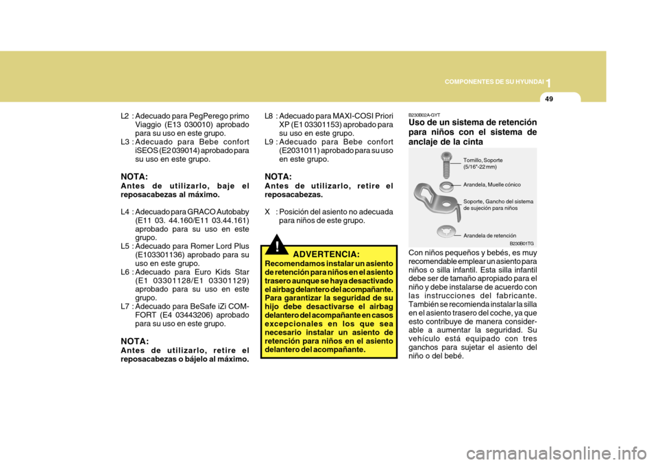 Hyundai Azera 2011 Manual del propietario (in Spanish) 1
COMPONENTES DE SU HYUNDAI
49
B230B02A-GYT Uso de un sistema de retención para niños con el sistema deanclaje de la cinta Con niños pequeños y bebés, es muy recomendable emplear un asiento paran Hyundai Azera 2011 Manual del propietario (in Spanish) 1
COMPONENTES DE SU HYUNDAI
49
B230B02A-GYT Uso de un sistema de retención para niños con el sistema deanclaje de la cinta Con niños pequeños y bebés, es muy recomendable emplear un asiento paran