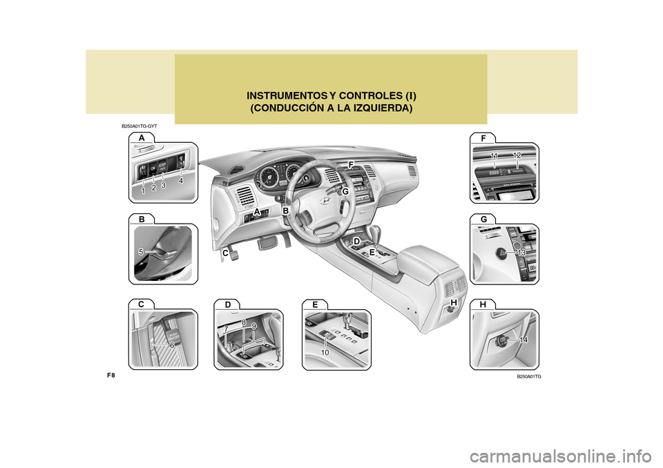 Hyundai Azera 2011  Manual del propietario (in Spanish) F8
B250A01TG-GYTINSTRUMENTOS Y  CONTROLES  (
I)
(CONDUCCIÓN A LA IZQUIERDA)
B250A01TG  