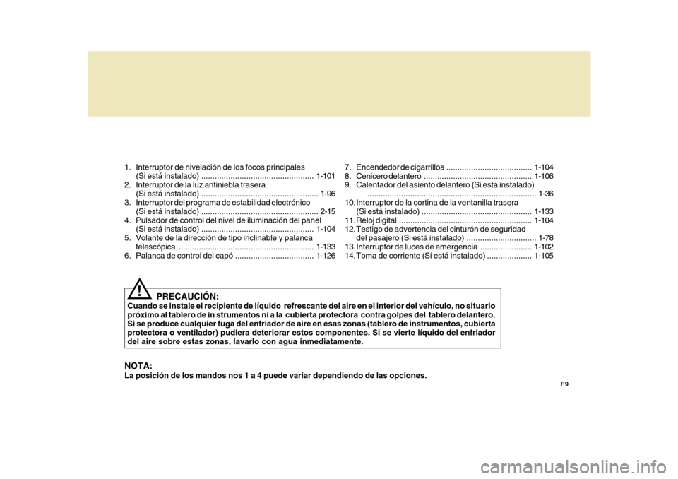 Hyundai Azera 2011  Manual del propietario (in Spanish) F9
1. Interruptor de nivelación de los focos principales
(Si está instalado) .................................................. 1-101
2. Interruptor de la luz antiniebla trasera
(Si está instalado)