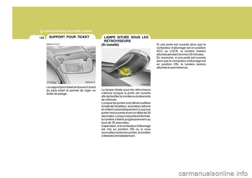 Hyundai Azera 2011 Manuel du propriétaire (in French) 1CARACTÉRISTIQUES DE VOTRE HYUNDAI
128SUPPORT POUR TICKET
B580C01LZ-AUT
B580C02TG
Le support pour ticket se trouve à l’avant du pare-soleil et permet de loger un ticket de péage. La lampe située Hyundai Azera 2011 Manuel du propriétaire (in French) 1CARACTÉRISTIQUES DE VOTRE HYUNDAI
128SUPPORT POUR TICKET
B580C01LZ-AUT
B580C02TG
Le support pour ticket se trouve à l’avant du pare-soleil et permet de loger un ticket de péage. La lampe située