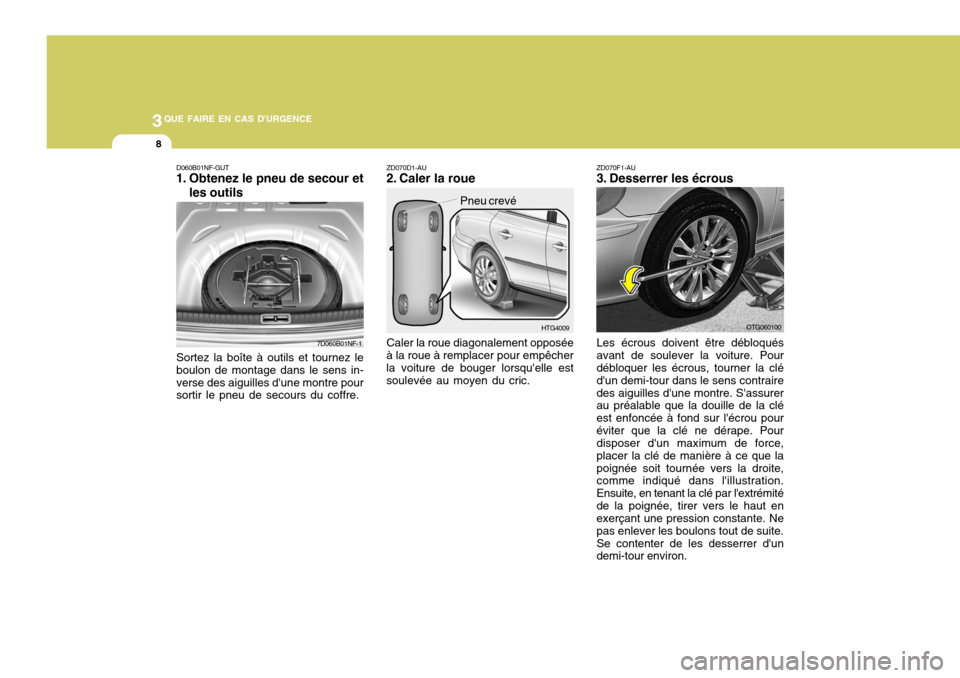 Hyundai Azera 2011  Manuel du propriétaire (in French) 3QUE FAIRE EN CAS DURGENCE
8
HTG4009
Caler la roue diagonalement opposée
à la roue à remplacer pour empêcher la voiture de bouger lorsquelle est soulevée au moyen du cric. ZD070D1-AU 
2. Caler 