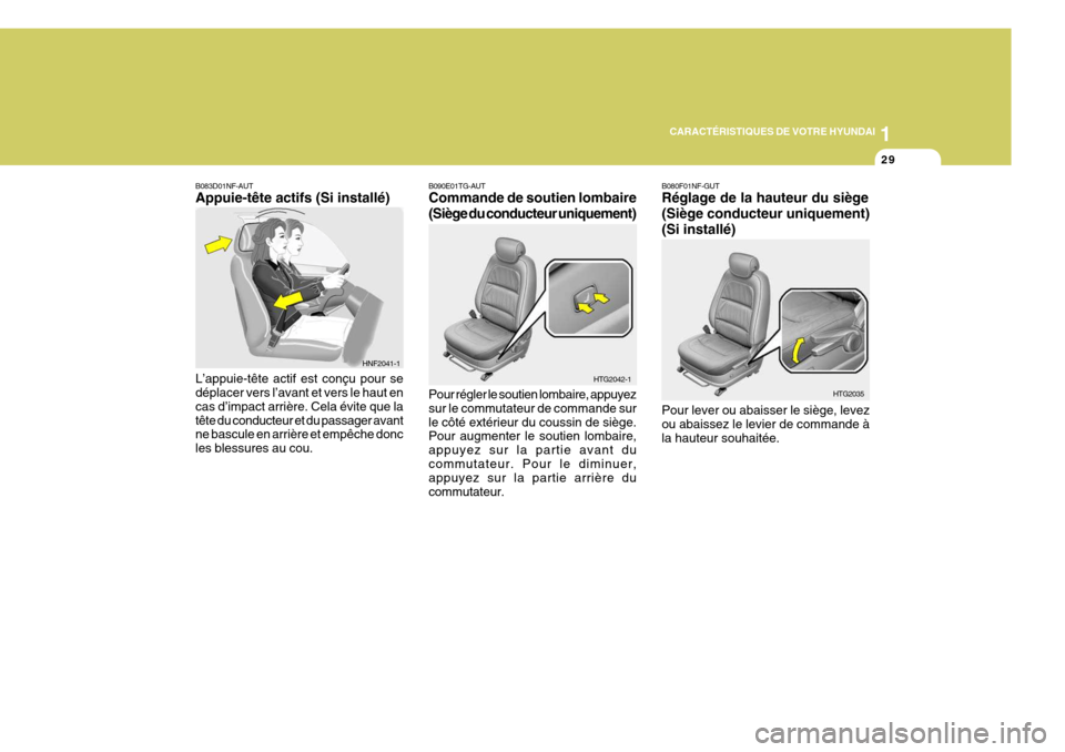 Hyundai Azera 2011 Manuel du propriétaire (in French) 1
CARACTÉRISTIQUES DE VOTRE HYUNDAI
29
B080F01NF-GUT Réglage de la hauteur du siège (Siège conducteur uniquement)(Si installé) Pour lever ou abaisser le siège, levez ou abaissez le levier de com Hyundai Azera 2011 Manuel du propriétaire (in French) 1
CARACTÉRISTIQUES DE VOTRE HYUNDAI
29
B080F01NF-GUT Réglage de la hauteur du siège (Siège conducteur uniquement)(Si installé) Pour lever ou abaisser le siège, levez ou abaissez le levier de com