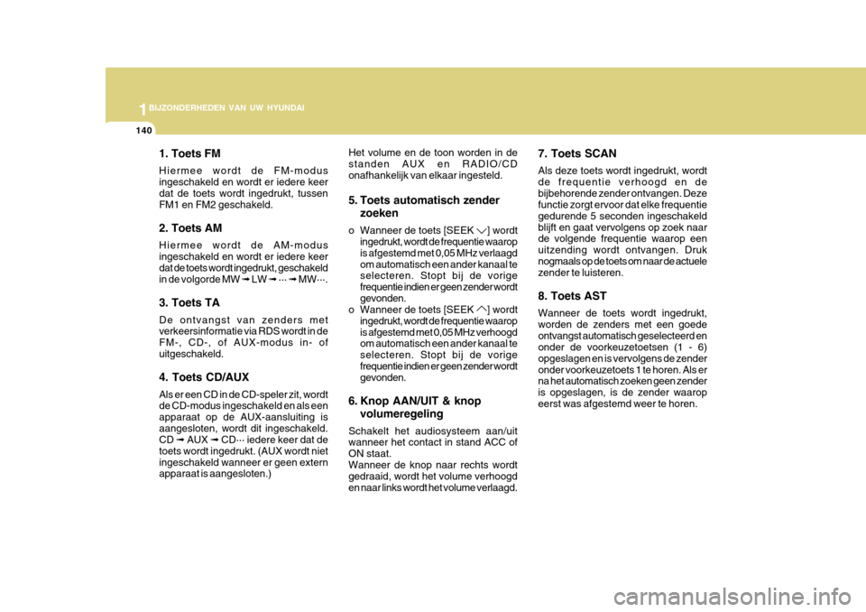 Hyundai Azera 2011  Handleiding (in Dutch) 1BIJZONDERHEDEN VAN UW HYUNDAI
140
1. Toets FM Hiermee wordt de FM-modus ingeschakeld en wordt er iedere keerdat de toets wordt ingedrukt, tussen FM1 en FM2 geschakeld. 2. Toets AM Hiermee wordt de AM