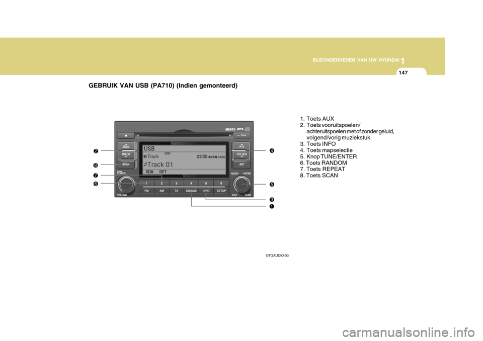 Hyundai Azera 2011  Handleiding (in Dutch) 1
BIJZONDERHEDEN VAN UW HYUNDAI
147
GEBRUIK VAN USB (PA710) (Indien gemonteerd)
1. Toets AUX 
2. Toets vooruitspoelen/achteruitspoelen met of zonder geluid, volgend/vorig muziekstuk
3. Toets INFO 
4. 