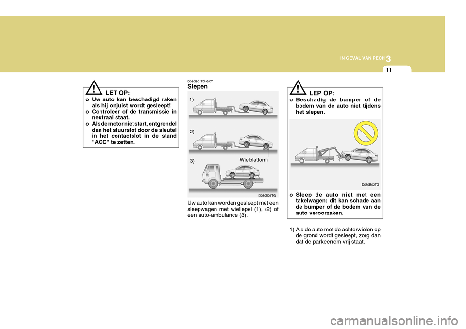 Hyundai Azera 2011 Handleiding (in Dutch) 3
IN GEVAL VAN PECH
11
!
LET OP:
o Uw auto kan beschadigd raken als hij onjuist wordt gesleept!
o Controleer of de transmissie in
neutraal staat.
o Als de motor niet start, ontgrendel dan het stuurslo Hyundai Azera 2011 Handleiding (in Dutch) 3
IN GEVAL VAN PECH
11
!
LET OP:
o Uw auto kan beschadigd raken als hij onjuist wordt gesleept!
o Controleer of de transmissie in
neutraal staat.
o Als de motor niet start, ontgrendel dan het stuurslo