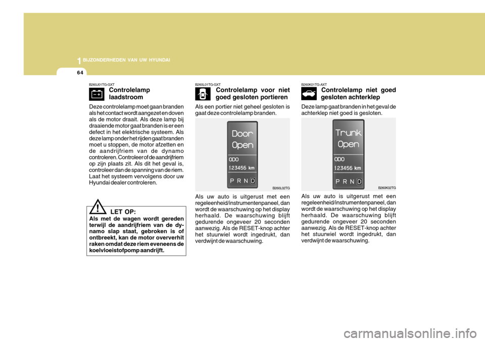 Hyundai Azera 2011  Handleiding (in Dutch) 1BIJZONDERHEDEN VAN UW HYUNDAI
64
B260L01TG-GXTControlelamp voor niet
goed gesloten portieren
Als een portier niet geheel gesloten is gaat deze controlelamp branden.
B260L02TG
Als uw auto is uitgerust