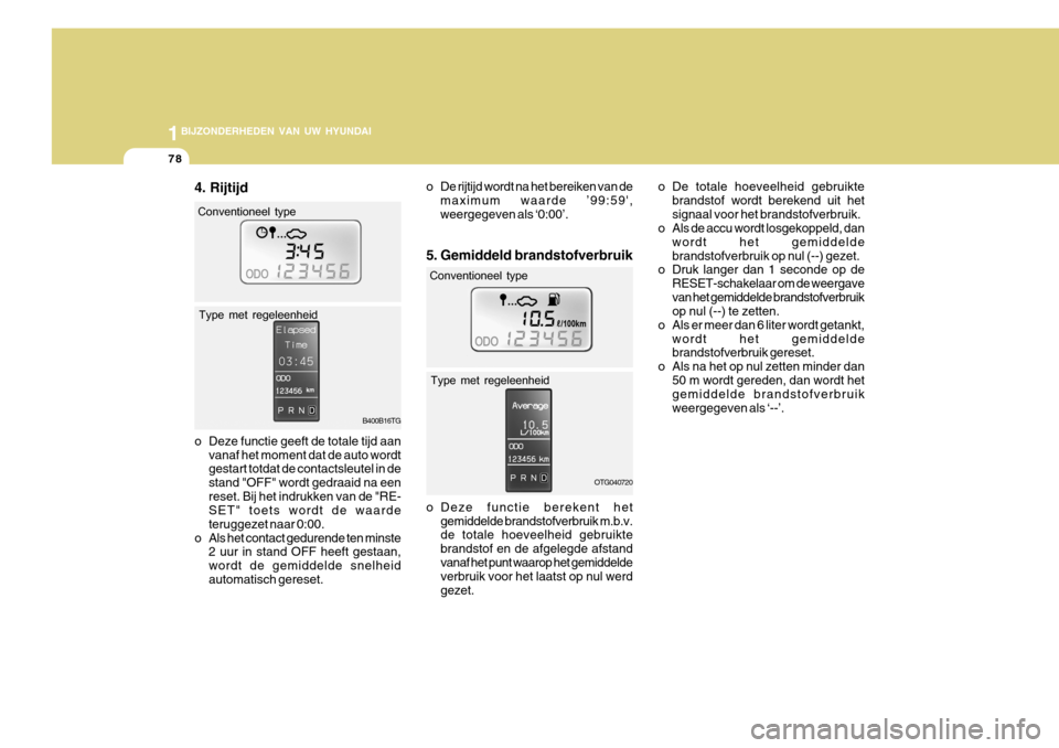 Hyundai Azera 2011  Handleiding (in Dutch) 1BIJZONDERHEDEN VAN UW HYUNDAI
78
5. Gemiddeld brandstofverbruik
OTG040720
B400B16TG
4. Rijtijd 
o Deze functie geeft de totale tijd aan
vanaf het moment dat de auto wordt gestart totdat de contactsle