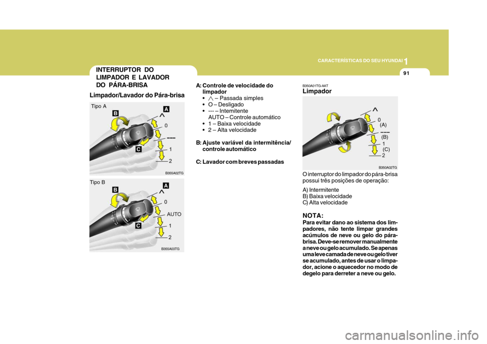 Hyundai Azera 2011 Manual do proprietário (in Portuguese) 1
91
CARACTERÍSTICAS DO SEU HYUNDAI
INTERRUPTOR DO LIMPADOR E LAVADORDO PÁRA-BRISA
B355A02TG
Tipo A
B355A03TG
Tipo BA: Controle de velocidade do
limpador
– Passada simples
O – Desligado
--- Hyundai Azera 2011 Manual do proprietário (in Portuguese) 1
91
CARACTERÍSTICAS DO SEU HYUNDAI
INTERRUPTOR DO LIMPADOR E LAVADORDO PÁRA-BRISA
B355A02TG
Tipo A
B355A03TG
Tipo BA: Controle de velocidade do
limpador
– Passada simples
O – Desligado
---