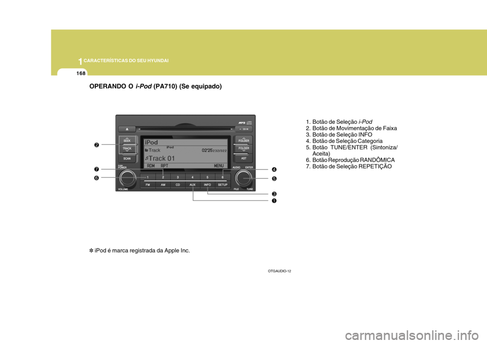 Hyundai Azera 2011 Manual do proprietário (in Portuguese) 1CARACTERÍSTICAS DO SEU HYUNDAI
168
OPERANDO O
i-Pod (PA710) (Se equipado)
1. Botão de Seleção
i-Pod
2. Botão de Movimentação de Faixa
3. Botão de Seleção INFO
4. Botão de Seleção Cat Hyundai Azera 2011 Manual do proprietário (in Portuguese) 1CARACTERÍSTICAS DO SEU HYUNDAI
168
OPERANDO O
i-Pod (PA710) (Se equipado)
1. Botão de Seleção
i-Pod
2. Botão de Movimentação de Faixa
3. Botão de Seleção INFO
4. Botão de Seleção Cat