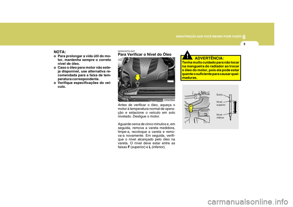 Hyundai Azera 2011 Manual do proprietário (in Portuguese) 6
MANUTENÇÃO QUE VOCÊ MESMO PODE FAZER
5
NOTA:
o Para prolongar a vida útil do mo- tor, mantenha sempre o correto nível de óleo.
o Caso o óleo para motor não este- ja disponível, use alterna Hyundai Azera 2011 Manual do proprietário (in Portuguese) 6
MANUTENÇÃO QUE VOCÊ MESMO PODE FAZER
5
NOTA:
o Para prolongar a vida útil do mo- tor, mantenha sempre o correto nível de óleo.
o Caso o óleo para motor não este- ja disponível, use alterna
