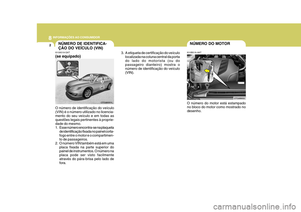 Hyundai Azera 2011 Manual do proprietário (in Portuguese) 8INFORMAÇÕES AO CONSUMIDOR
2NÚMERO DE IDENTIFICA- ÇÃO DO VEÍCULO (VIN)
I010B01A-AAT
I010A01A-GAT NÚMERO DO MOTOR
O número de identificação do veículo (VIN) é o número utilizado no licenci Hyundai Azera 2011 Manual do proprietário (in Portuguese) 8INFORMAÇÕES AO CONSUMIDOR
2NÚMERO DE IDENTIFICA- ÇÃO DO VEÍCULO (VIN)
I010B01A-AAT
I010A01A-GAT NÚMERO DO MOTOR
O número de identificação do veículo (VIN) é o número utilizado no licenci