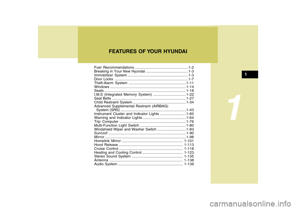 Hyundai Azera 2010  Owners Manual 1
Fuel Recommendations.................................................... 1-2
Breaking in Your New Hyundai......................................... 1-3
Immobilizer System.............................