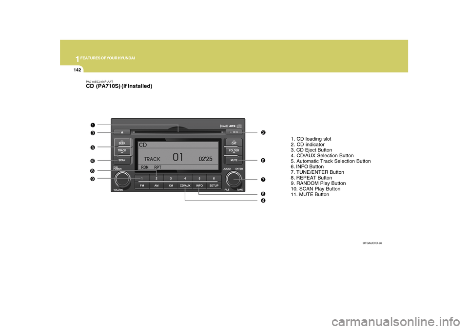Hyundai Azera 2010 Owners Manual 1FEATURES OF YOUR HYUNDAI
142
PA710SC01NF-AATCD (PA710S) (If Installed)
1. CD loading slot
2. CD indicator
3. CD Eject Button
4. CD/AUX Selection Button
5. Automatic Track Selection Button
6. INFO Bu Hyundai Azera 2010 Owners Manual 1FEATURES OF YOUR HYUNDAI
142
PA710SC01NF-AATCD (PA710S) (If Installed)
1. CD loading slot
2. CD indicator
3. CD Eject Button
4. CD/AUX Selection Button
5. Automatic Track Selection Button
6. INFO Bu
