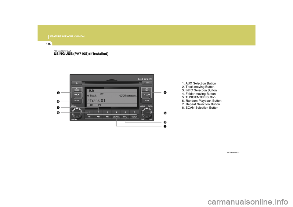 Hyundai Azera 2010 Owners Manual 1FEATURES OF YOUR HYUNDAI
146
PA710SE01NF-AATUSING USB (PA710S) (If Installed)
1. AUX Selection Button
2. Track moving Button
3. INFO Selection Button
4. Folder moving Button
5. TUNE/ENTER Button
6. R Hyundai Azera 2010 Owners Manual 1FEATURES OF YOUR HYUNDAI
146
PA710SE01NF-AATUSING USB (PA710S) (If Installed)
1. AUX Selection Button
2. Track moving Button
3. INFO Selection Button
4. Folder moving Button
5. TUNE/ENTER Button
6. R