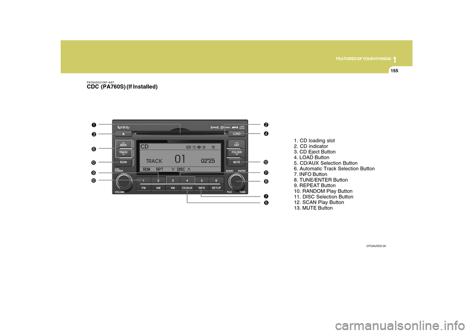 Hyundai Azera 2010 Owners Manual 1
FEATURES OF YOUR HYUNDAI
155
PA760SC01NF-AATCDC (PA760S) (If Installed)
1. CD loading slot
2. CD indicator
3. CD Eject Button
4. LOAD Button
5. CD/AUX Selection Button
6. Automatic Track Selection Hyundai Azera 2010 Owners Manual 1
FEATURES OF YOUR HYUNDAI
155
PA760SC01NF-AATCDC (PA760S) (If Installed)
1. CD loading slot
2. CD indicator
3. CD Eject Button
4. LOAD Button
5. CD/AUX Selection Button
6. Automatic Track Selection
